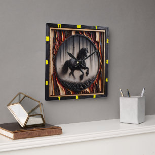 Forest Canter: Personalized Charred Wood Friesian Square Wall Clock