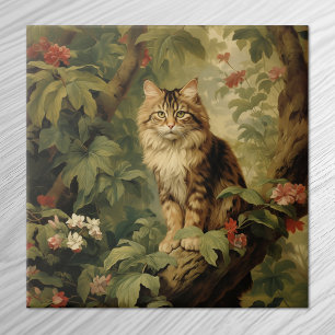 Forest Cat in Lush Foliage Ceramic Tile