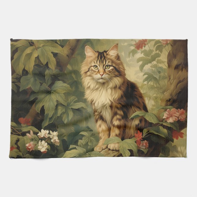 Forest Cat in Lush Foliage Kitchen Towel (Horizontal)