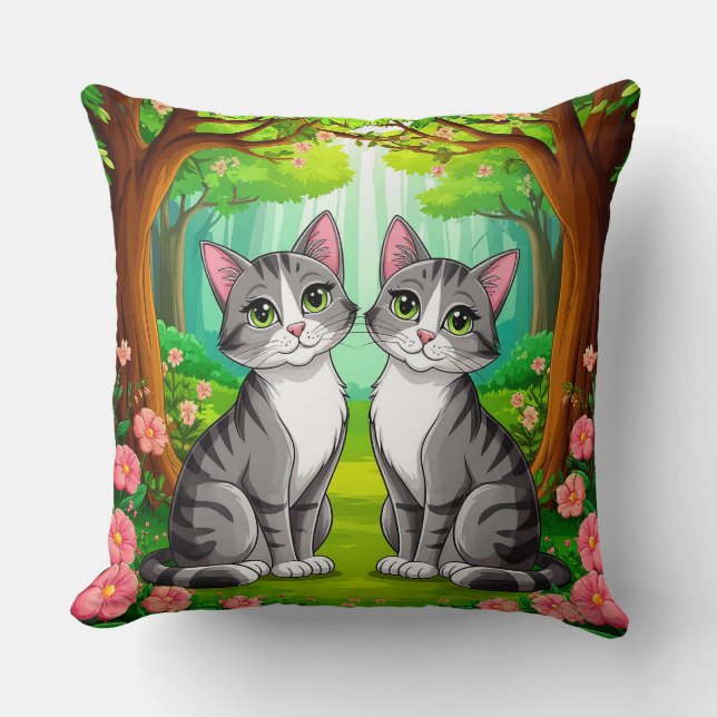🐱 Forest Cats Vibrant Cozy Home Style Art ✨ Throw Pillow (Front)