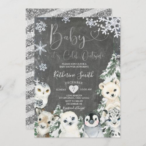 Forest Chalkboard Animal Snowflakes Baby Shower Invitation