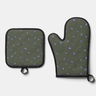 Forest Charcoal Japanese Gentian Floral Pattern Oven Mitt & Pot Holder Set