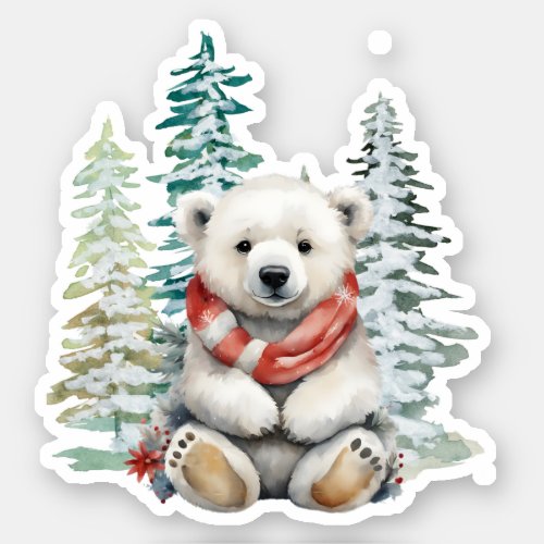 Forest Christmas Trees Polar Bear with Red Scarf Sticker
