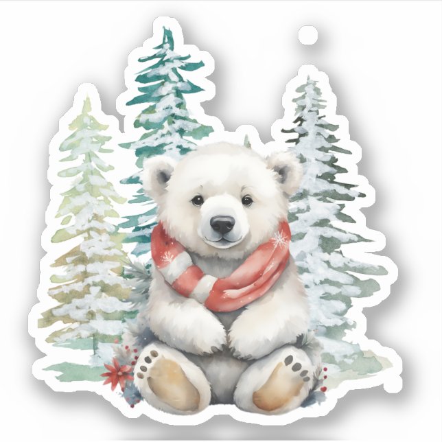 Forest Christmas Trees Polar Bear with Red Scarf Sticker (Front)