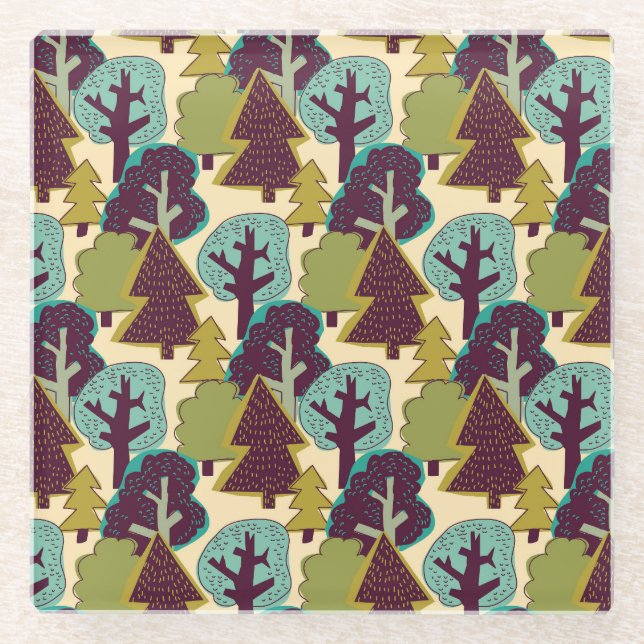Forest Color Doodle Trees Illustration Glass Coaster (Front)