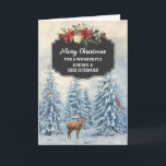 Forest Cousin and Her Husband Merry Christmas Card<br><div class="desc">Merry Christmas for cousin and her husband card with rustic country chalkboard pattern and snowy watercolor forest scene with deer and birds.</div>