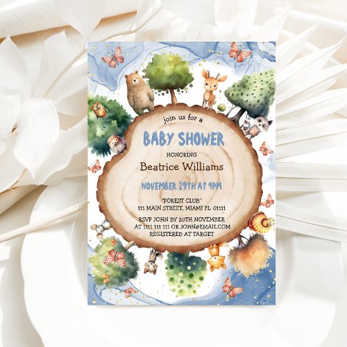 Forest Cute Animals Watercolor Baby boy Shower  Invitation