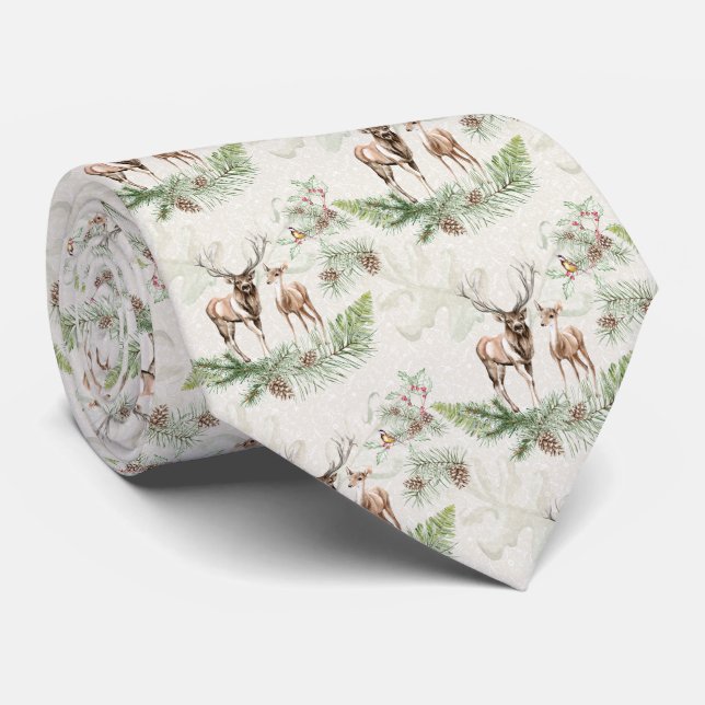 Forest Deer and Pine Branch Tie (Rolled)