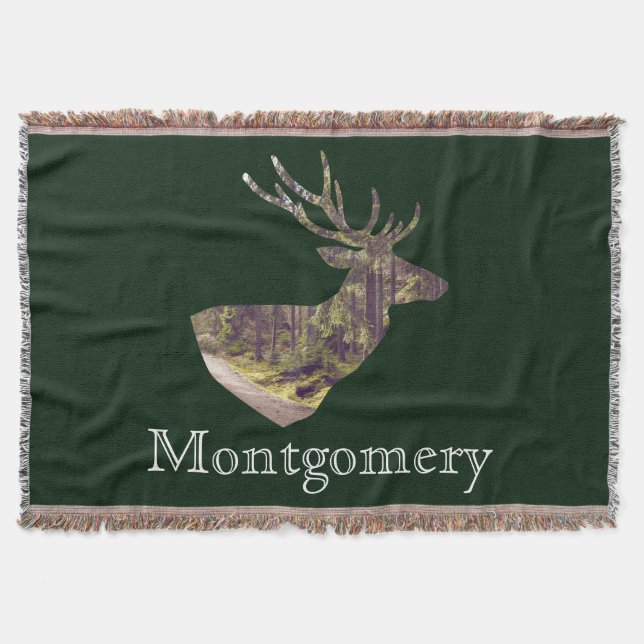 Forest Deer Buck Hunting Family Name Throw Blanket (Front)