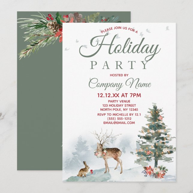 Forest Deer Corporate Holiday Christmas Party Invitation (Front/Back)