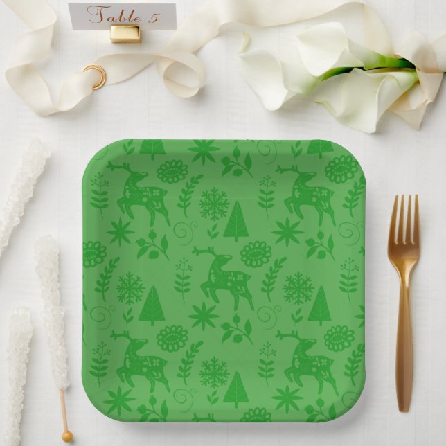Forest Deer Folk Art Green Paper Plates (Wedding)