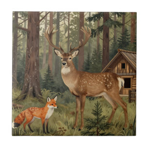 Forest Deer Fox Woodland Cabin Scene Ceramic Tile