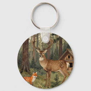 Forest Deer Fox Woodland Cabin Scene Keychain