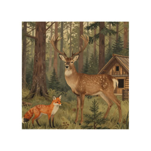 Forest Deer Fox Woodland Cabin Scene Wood Wall Art