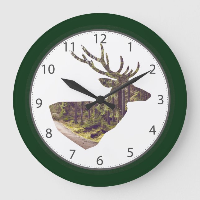 Forest Deer Head Forest Green Large Clock (Front)