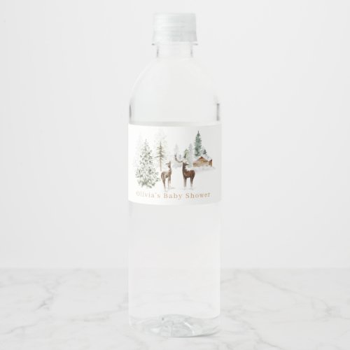 Forest deer winter baby shower water bottle label