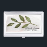 Forest Delight | Monogram business card holder<br><div class="desc">Our forest delight collection features gentle foliage in muted green colors with dusty mauve accents for wedding,  office and accessories. This business card holder features single foliage on a watercolor background as a centre piece and custom monogram in elegant font combined with title in sans serif font</div>