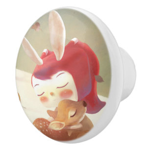 Forest Embrace: Bunny Girl Hugging Little Deer Ceramic Knob
