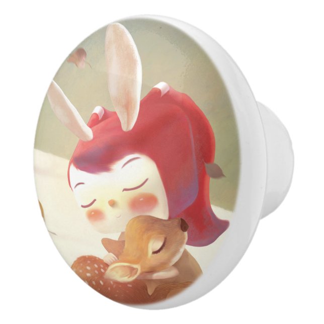 Forest Embrace: Bunny Girl Hugging Little Deer Ceramic Knob (Right)