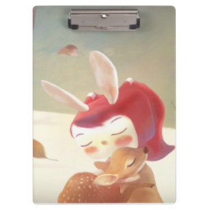 Forest Embrace: Bunny Girl Hugging Little Deer Clipboard