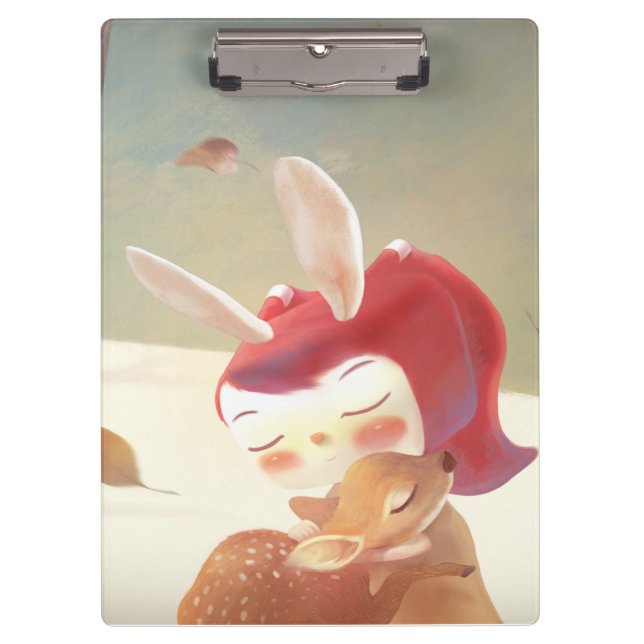 Forest Embrace: Bunny Girl Hugging Little Deer Clipboard (Front)