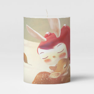 Forest Embrace: Bunny Girl Hugging Little Deer Pillar Candle