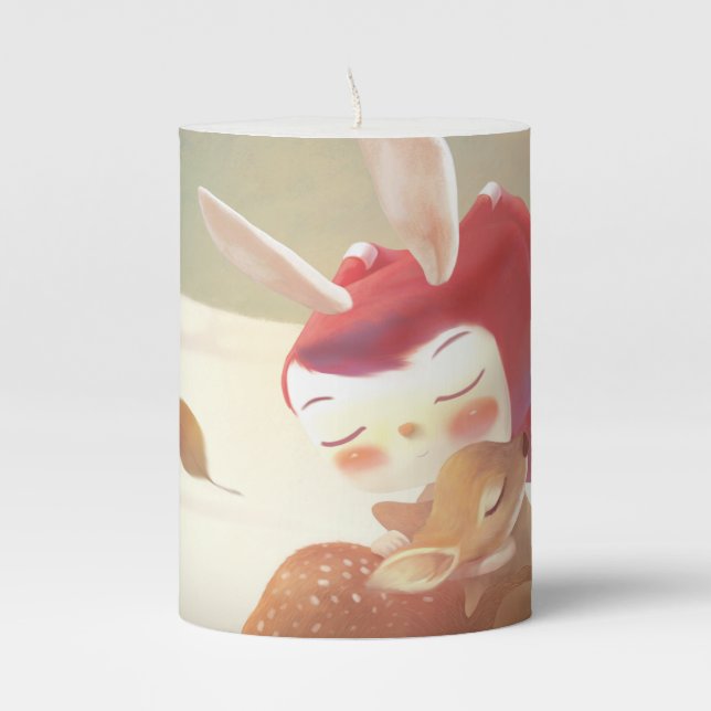 Forest Embrace: Bunny Girl Hugging Little Deer Pillar Candle (Front)
