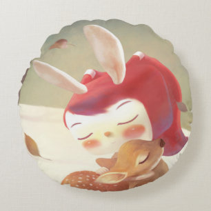 Forest Embrace: Bunny Girl Hugging Little Deer Round Pillow