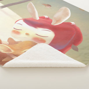 Forest Embrace: Bunny Girl Hugging Little Deer Sherpa Blanket