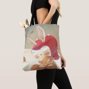 Forest Embrace: Bunny Girl Hugging Little Deer Tote Bag