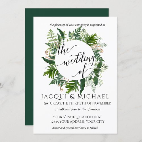 Forest Emerald Fern Foliage Leaf Wreath Wedding Invitation