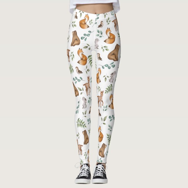 Forest Fable Woodland Animals Greenery Pattern Leggings (Front)