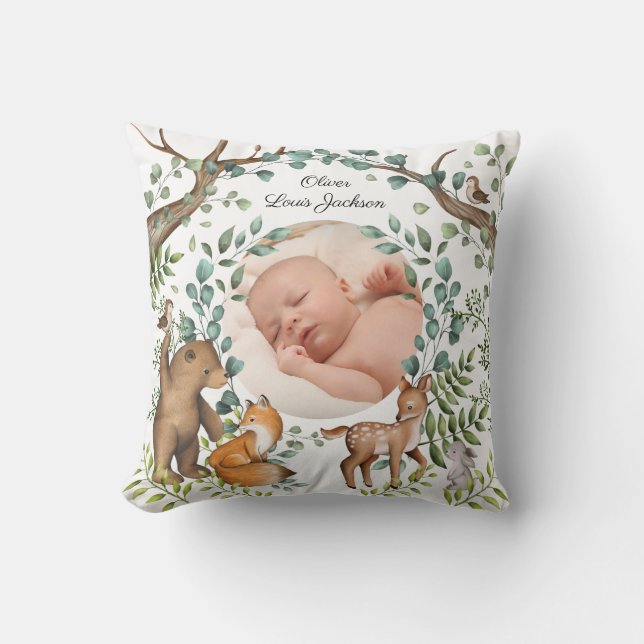 Forest Fable | Woodland Animals Newborn Gift Throw Pillow (Front)