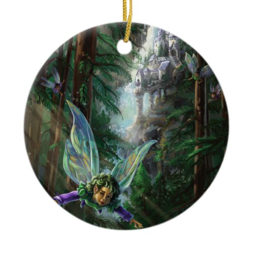 Forest Fairies and Waterfall Castle Ceramic Ornament