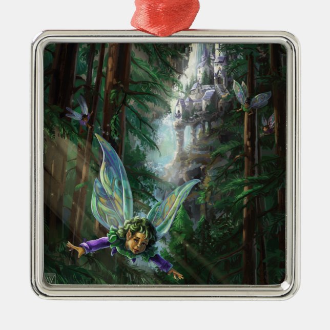 Forest Fairies and Waterfall Castle Metal Ornament (Front)