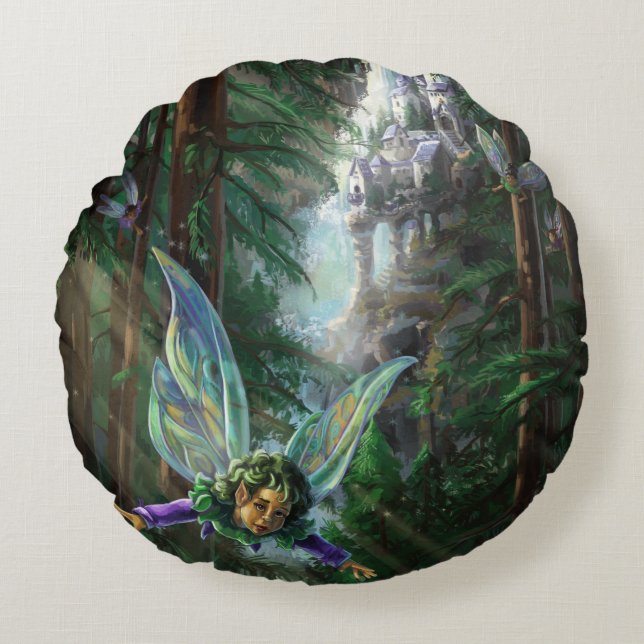 Forest Fairies and Waterfall Castle Round Pillow (Front)
