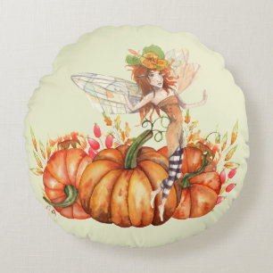 Forest Fairy & Autumn Pumpkin Bouquet Round Pillow