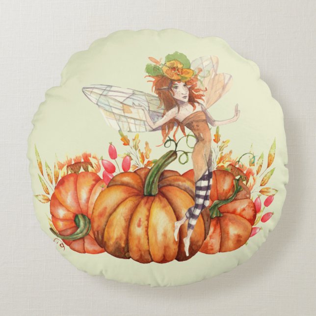 Forest Fairy & Autumn Pumpkin Bouquet  Round Pillow (Front)