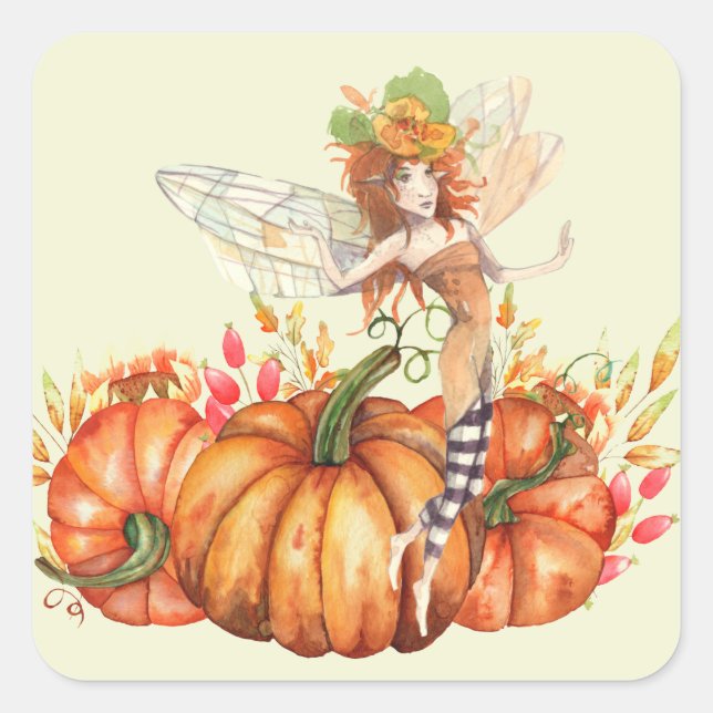 Forest Fairy & Autumn Pumpkin Bouquet   Square Sticker (Front)