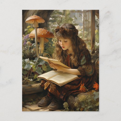 Forest Fairy Reading a Book Mushrooms Postcard