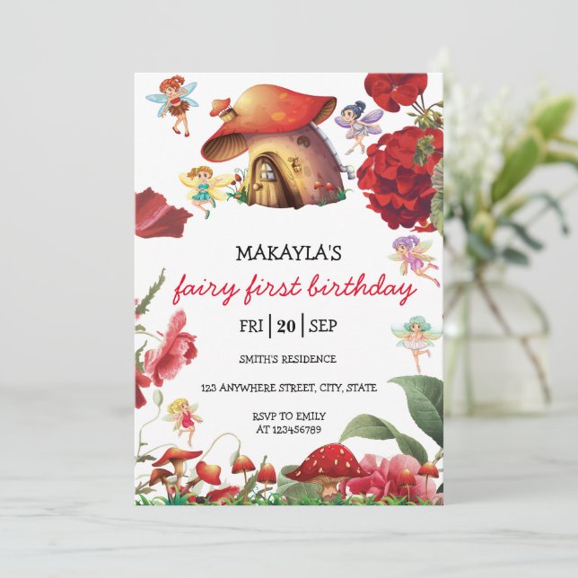 Forest Fairy red mushroom Floral Girl Birthday  Invitation (Standing Front)