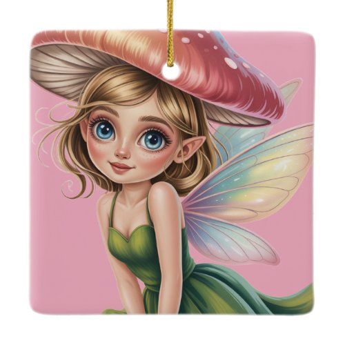 Forest Fairy with Mushroom Hat Illustration Ceramic Ornament