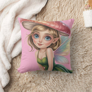 Forest Fairy with Mushroom Hat Illustration Throw Pillow