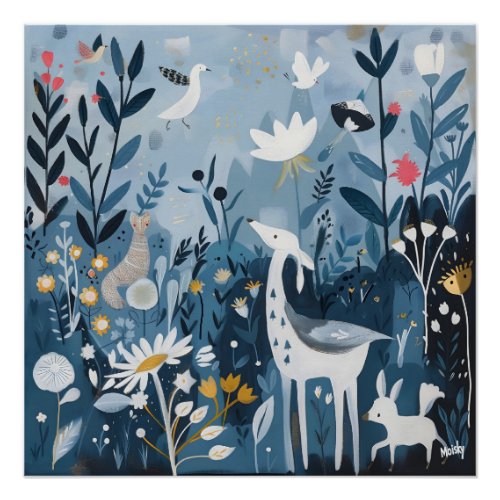 Forest Fauna Folk and Naive Colorful Landscape Poster