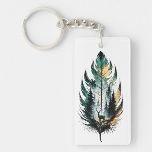 Forest Feather Deer Watercolor Nature Art Keychain