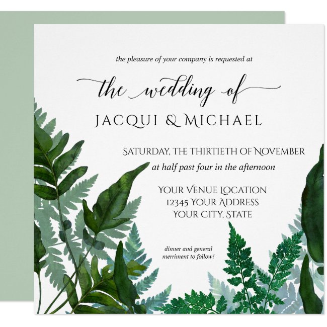 Forest Fern Foliage Watercolor Wedding | Square Invitation
