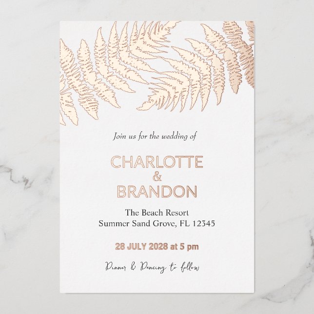 Forest Ferns Outdoors Wedding Rose Gold  Foil Invitation (Front)