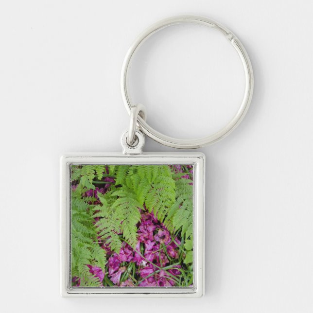 Forest ferns with pink flower petals on ground keychain (Front)