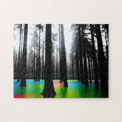 Forest Filled with Trees Surrounded Colored Water Jigsaw Puzzle