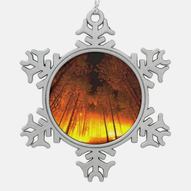 Forest Fire Snowflake Pewter Christmas Ornament (Front)